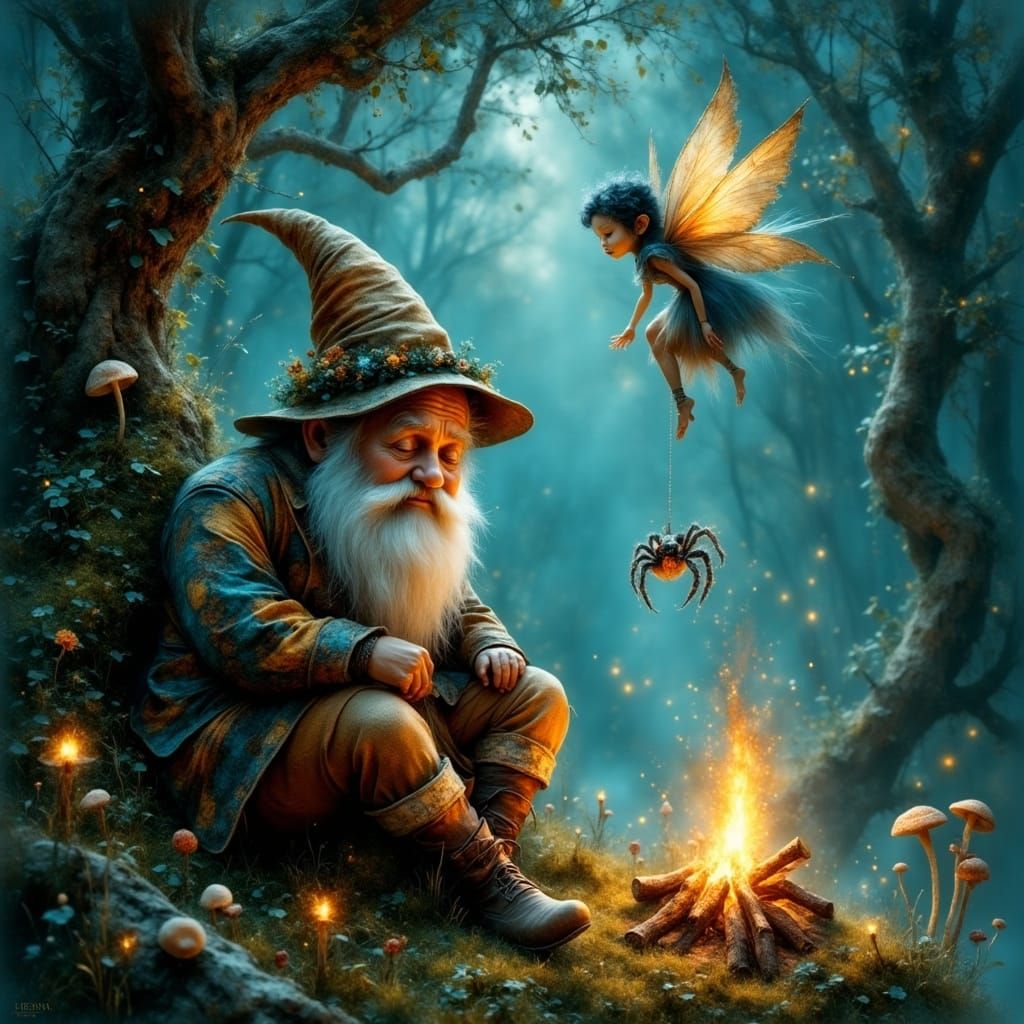 Enchanted Forest Scene with Sleeping Gnome and Fairy