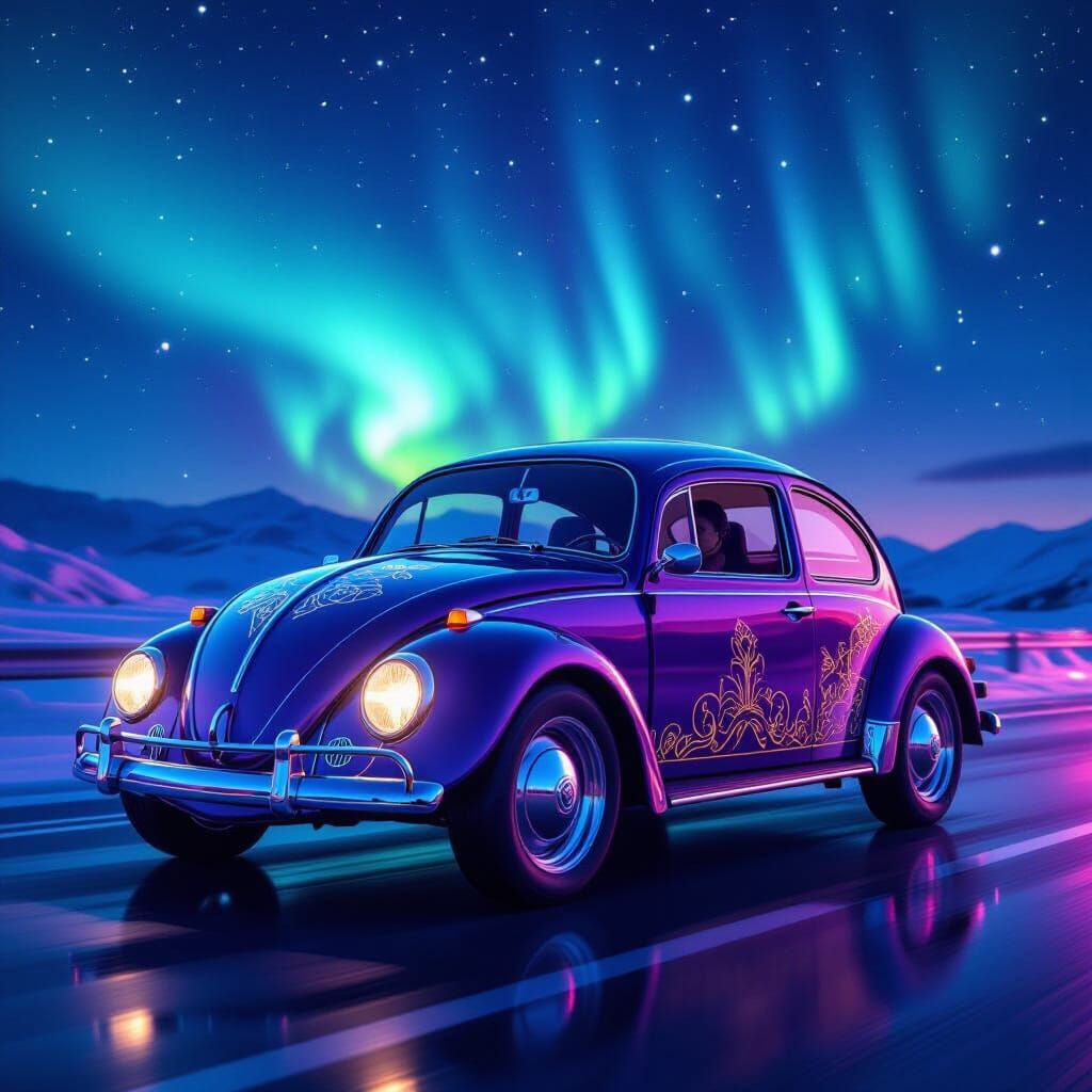 Aurora Borealis Drives a Retro VW Beetle