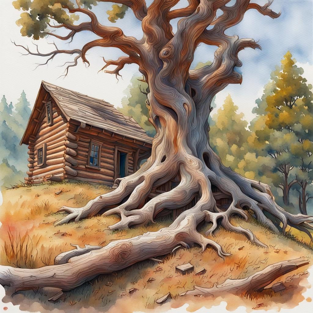 Watercolor of Gnarled Tree and Cabin in Gouache Style