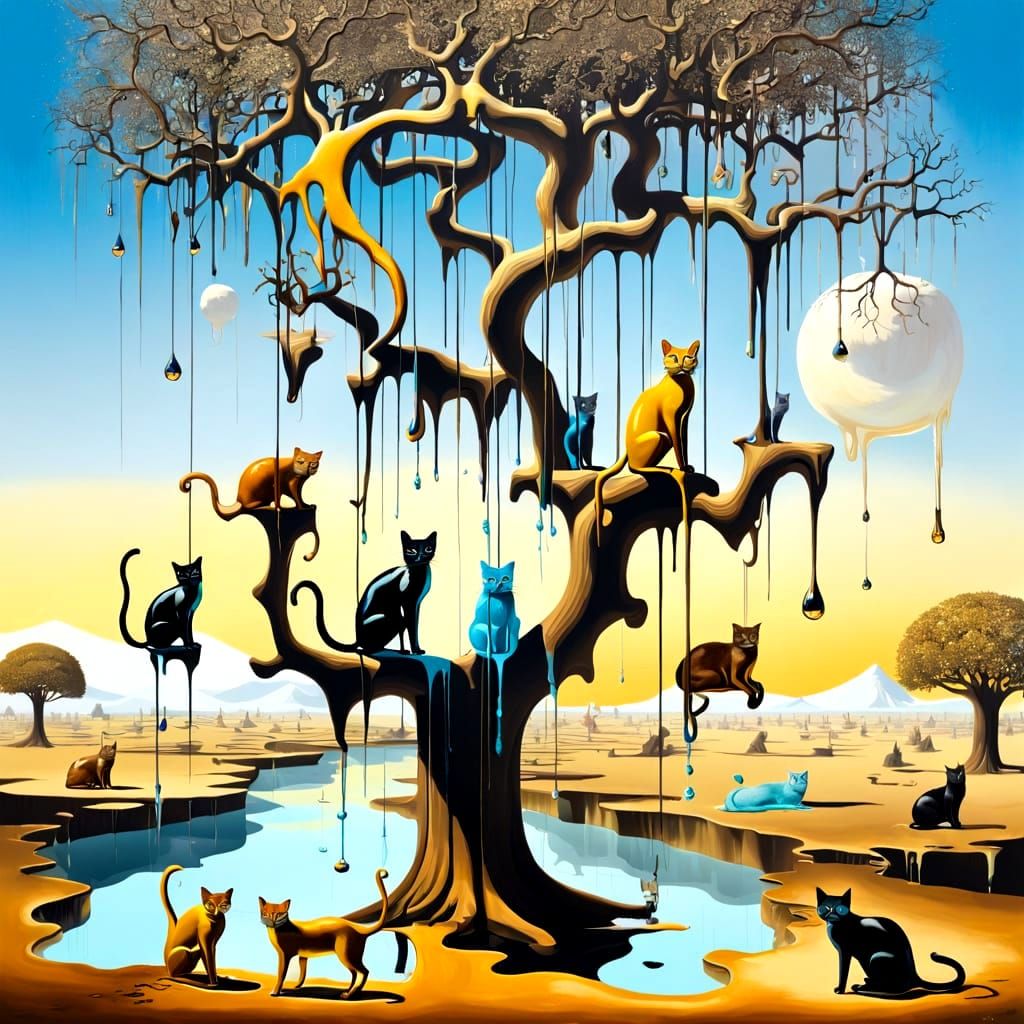 Surreal Melting Cats on Exotic Tree: Dali-Style