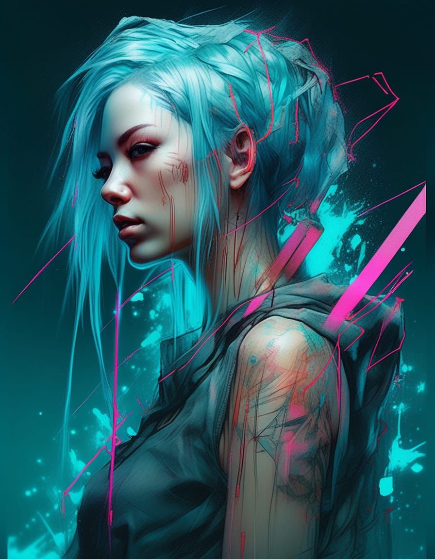 Neon Cyberpunk Assassin Goddess Digital Illustration
