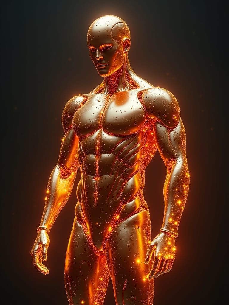 handsome cyborg muscular man made of hot glowing bronze molten metal, full body pose 3