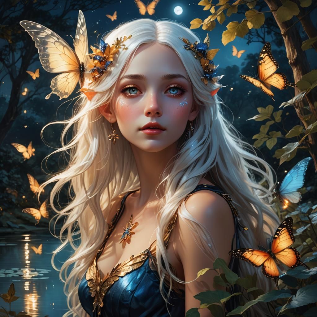 Fairy Gazing at Butterfly in Fantasy Landscape