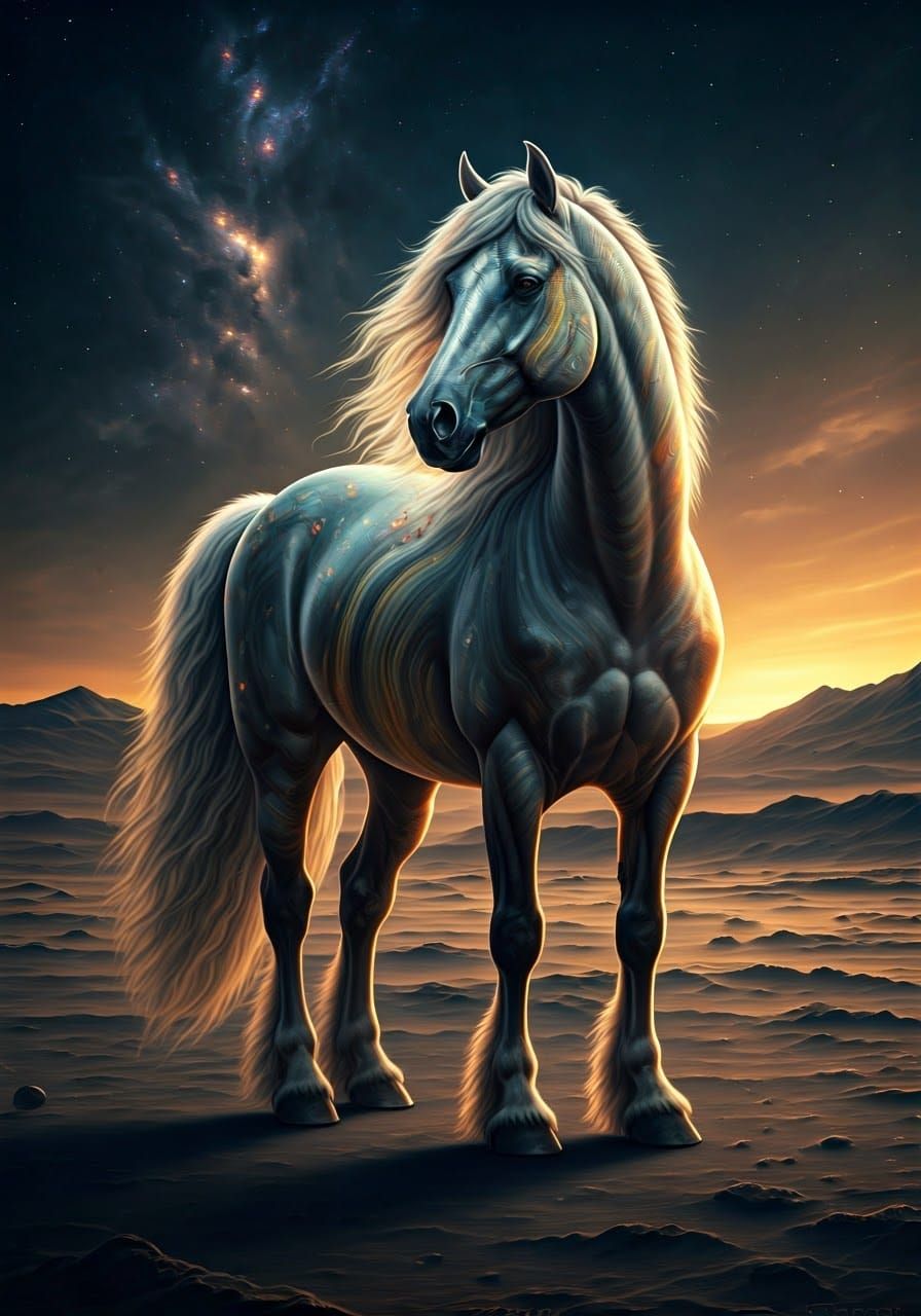 Onyx Stallion on Lunar Surface: Photorealistic Gemstone Art