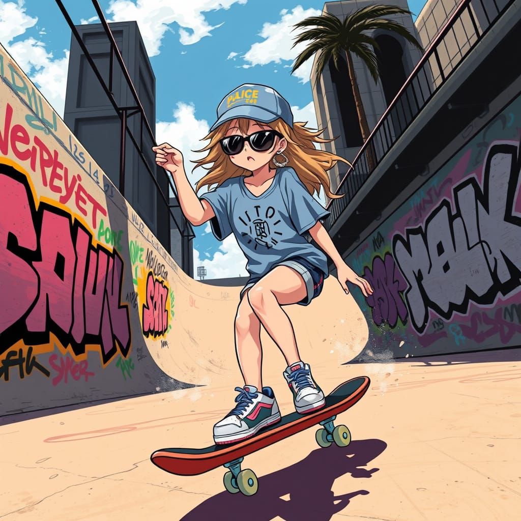 Anime Skate Girl in 90s Urban Skatepark
