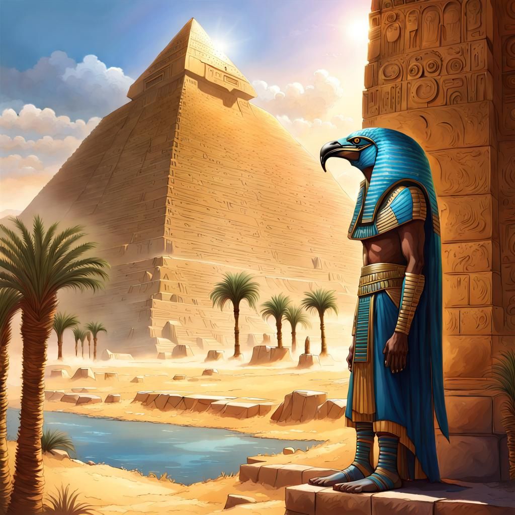 Horus by Great Pyramid in Hyperrealistic Oasis