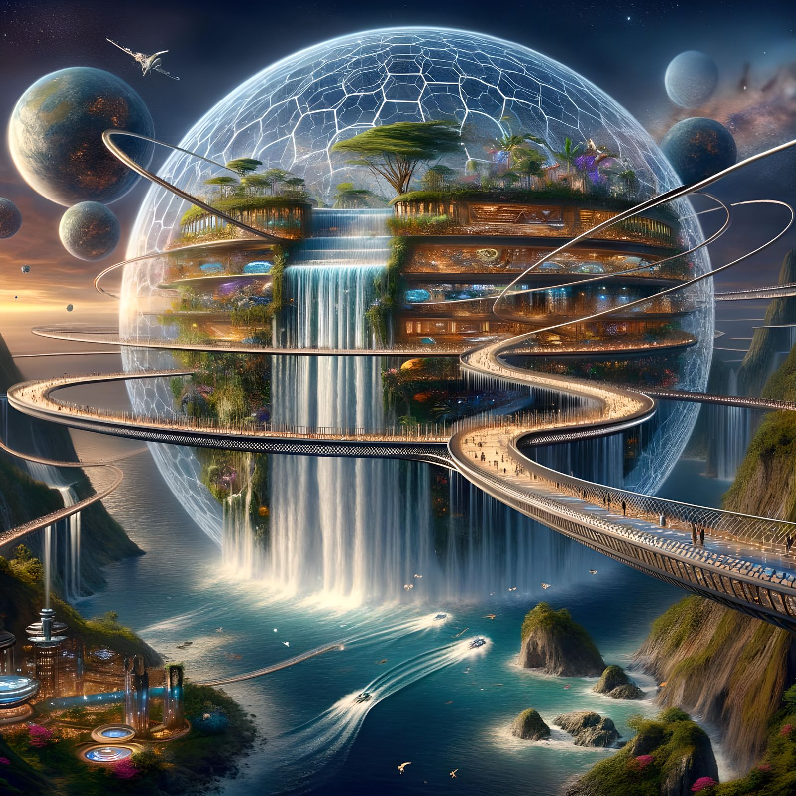 Futuristic Tropical Rainforest Suspension Bridge