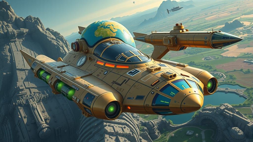 Steampunk Starship Orbiting a Colorful Planet