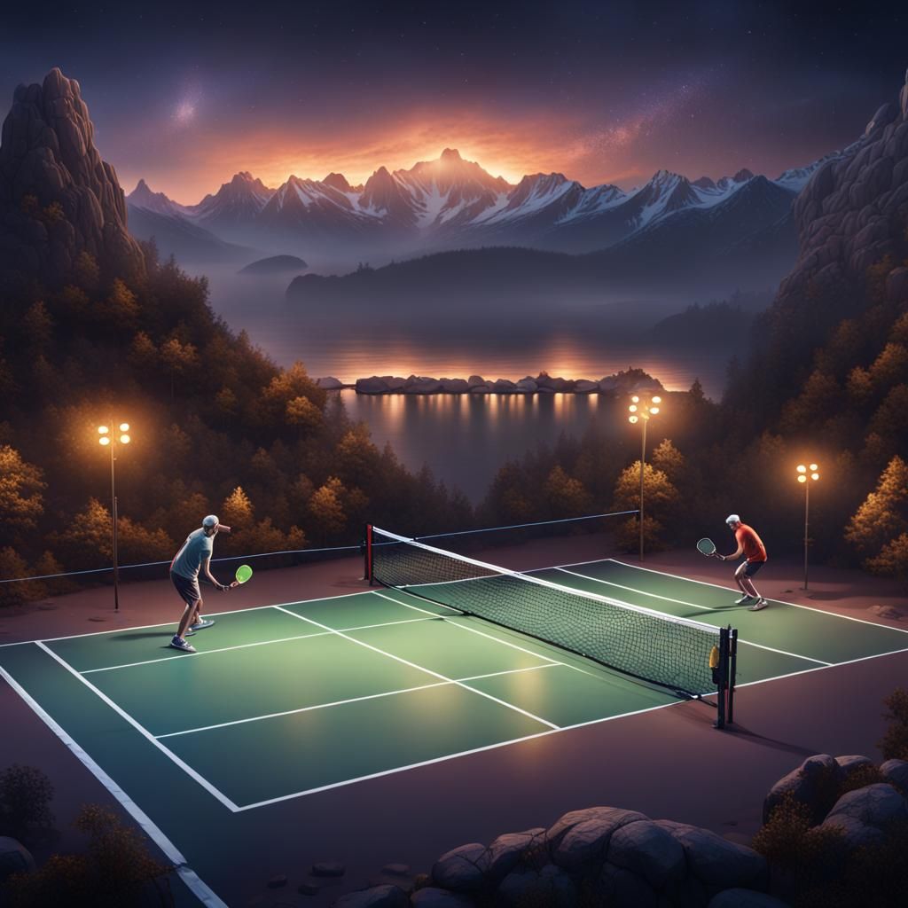 Night Pickleball Game with Mountain Backdrop