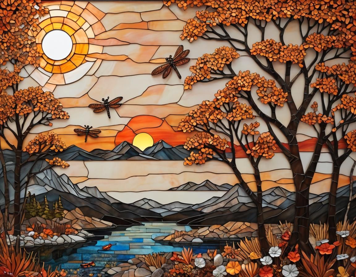 Bronze Lake Sunset in Stained Glass Mosaic