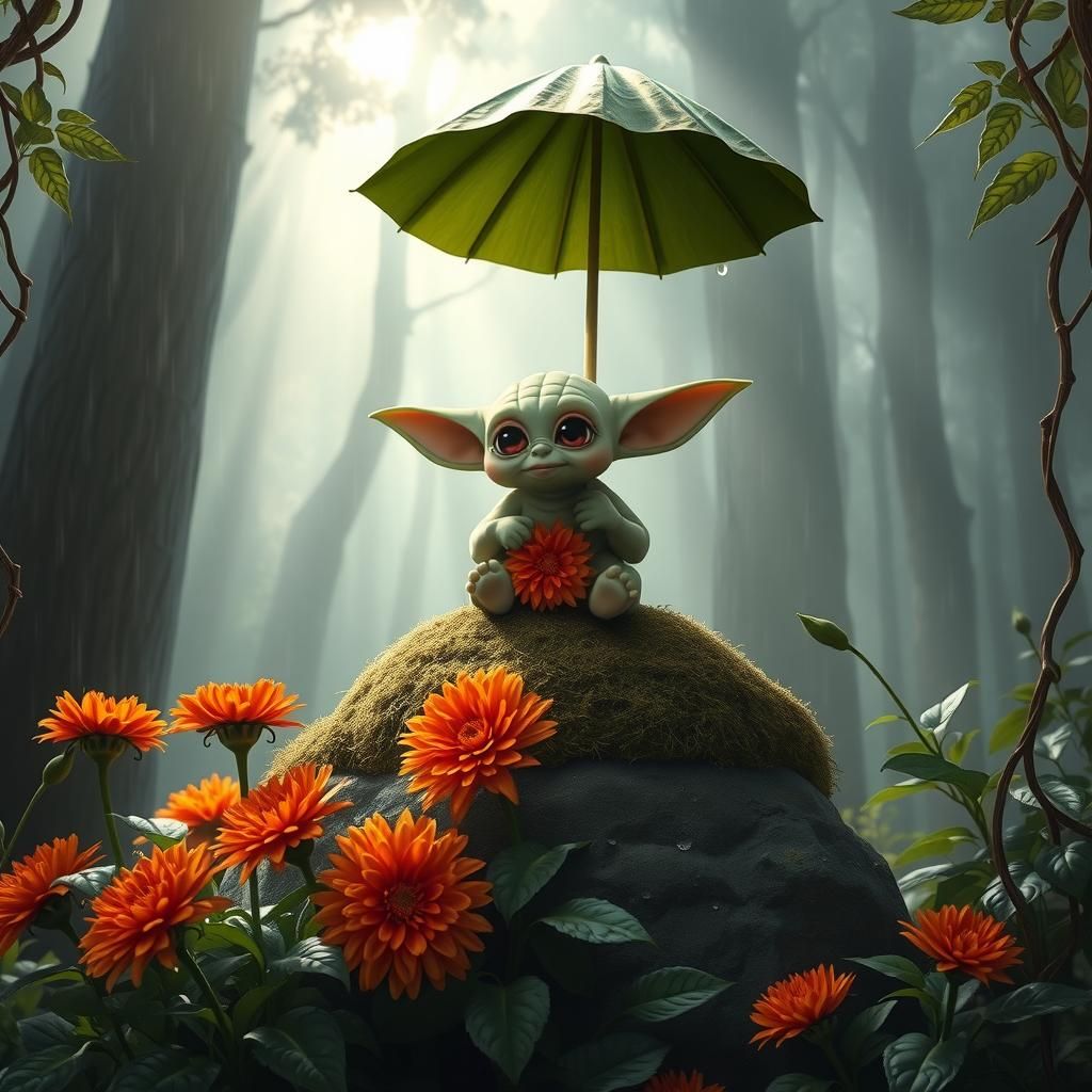 Mystical Forest Scene with Yoda Creature