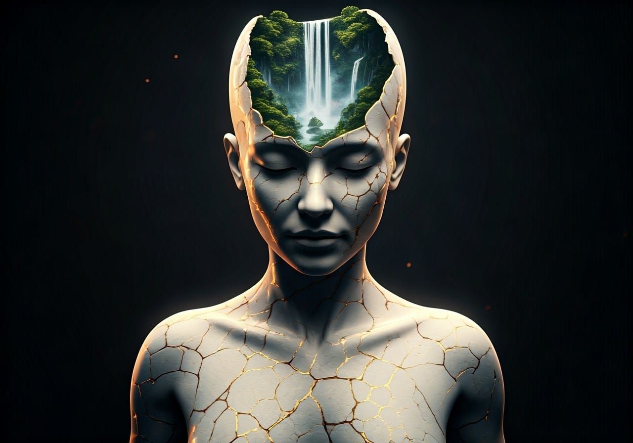 Ethereal Kintsugi Goddess with Glowing Gold Skin and Hidden ...