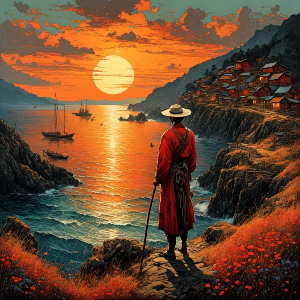 Vintage Korean Village Sunset Oil Painting