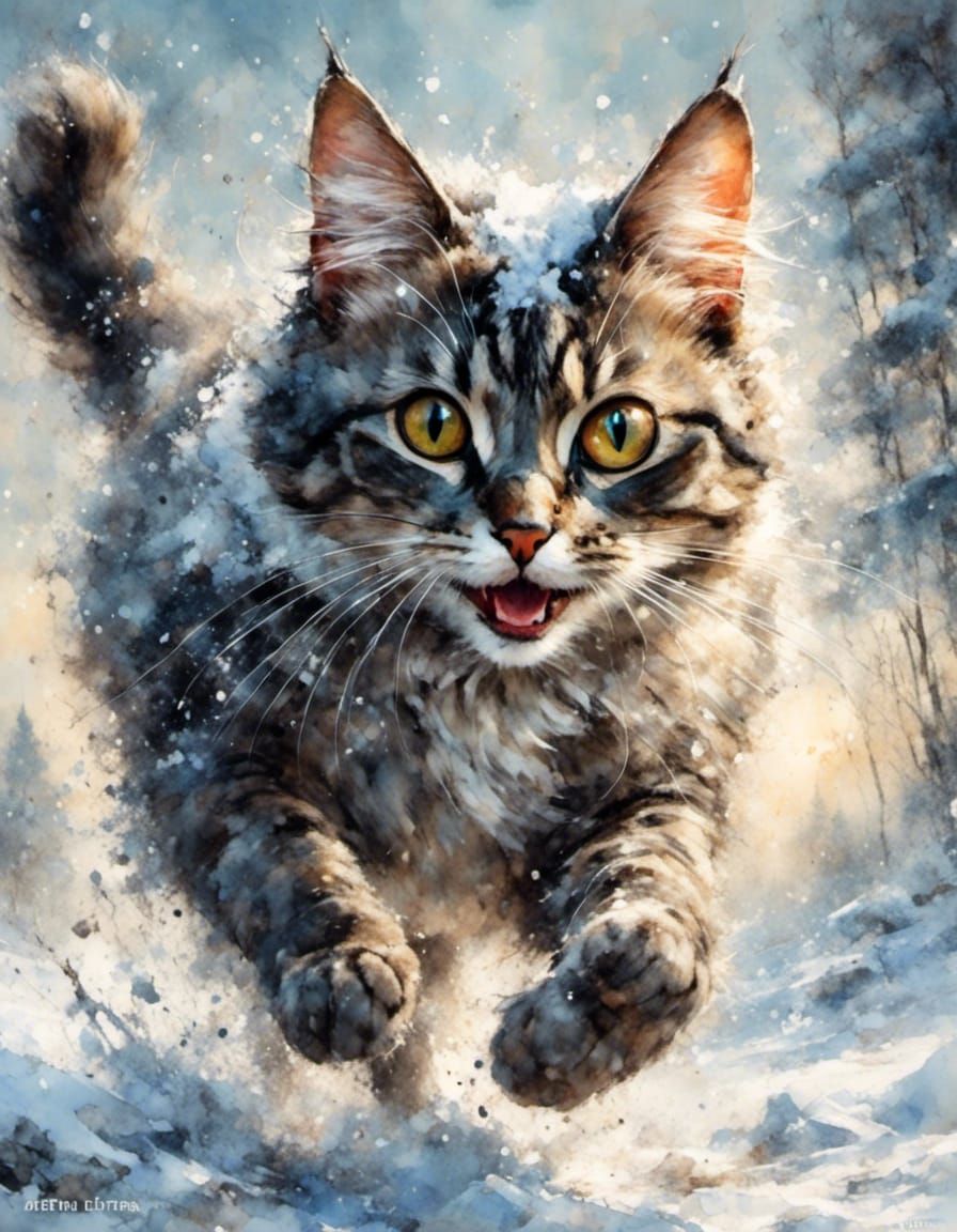 Happy Siberian Cat Runs Through Colorful Snow