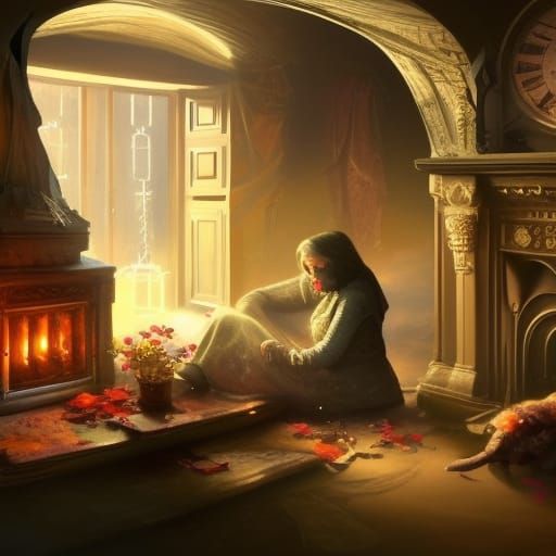 Old Woman Knitting by Fireplace: Detailed Digital Art