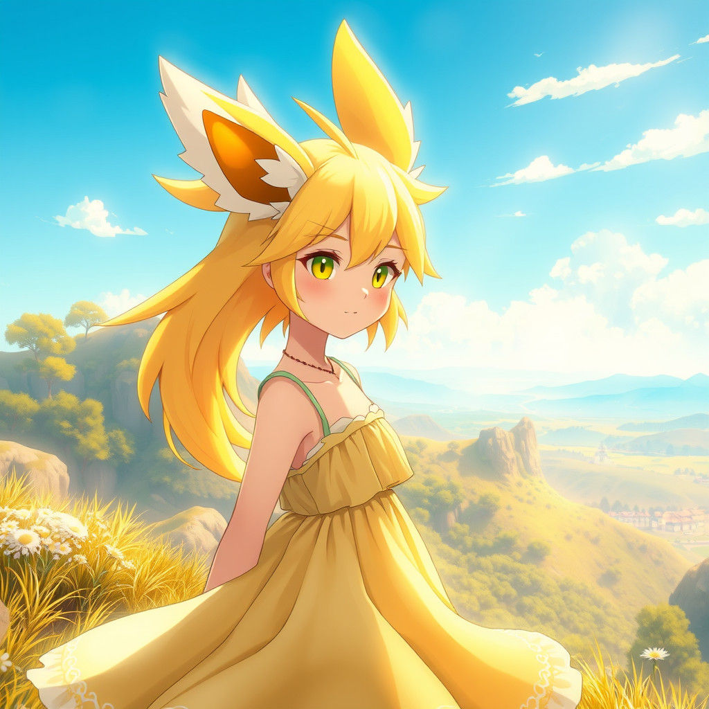 Jolteon-Inspired Girl in Ghibli Anime Landscape
