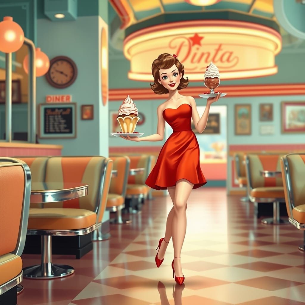 Retro Pinup Girl with Ice Cream Sundae