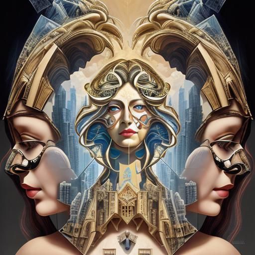 Surreal Neoclassical Cubism Portrait with Double Exposure