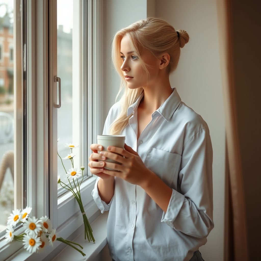 Elegant Blonde Woman Sips Coffee by the Window