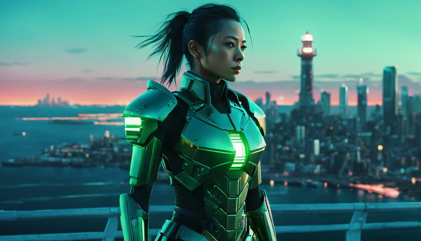 Android Warrior Over Cyberpunk City in Film Still