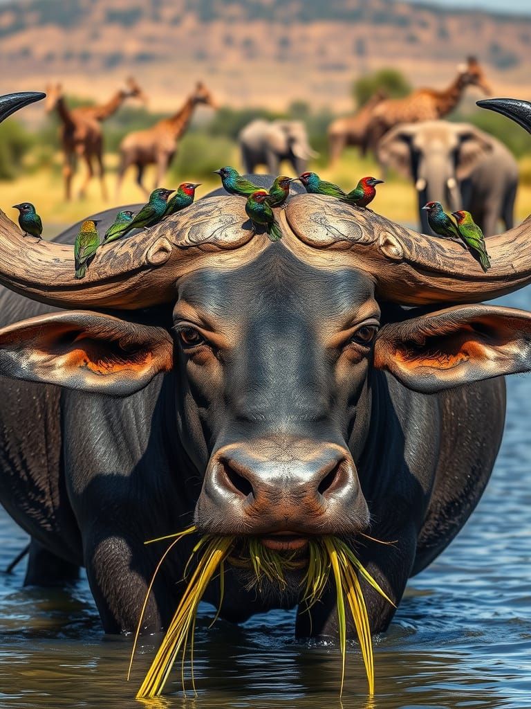 Serene River Buffalo with Vibrant Oxpeckers and Majestic Gir...