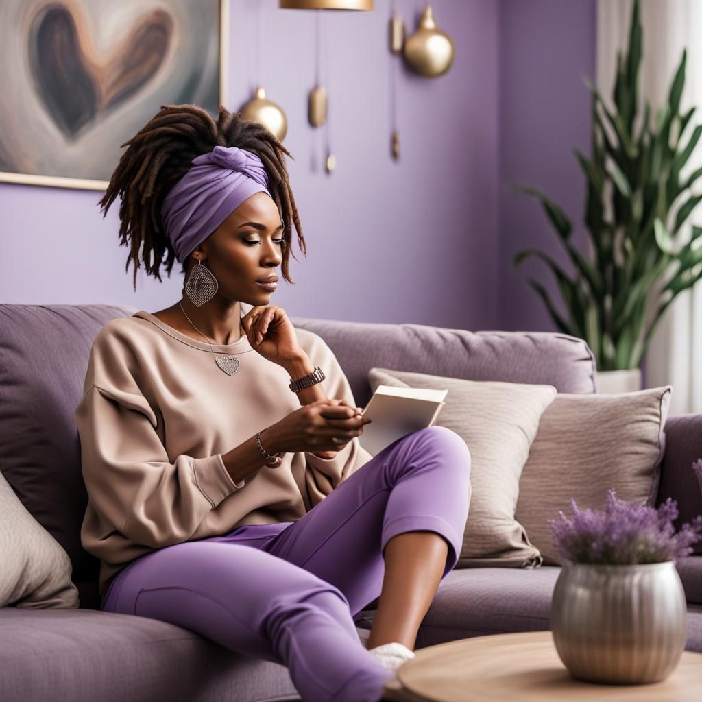 African American Woman Journaling in Modern Living Room