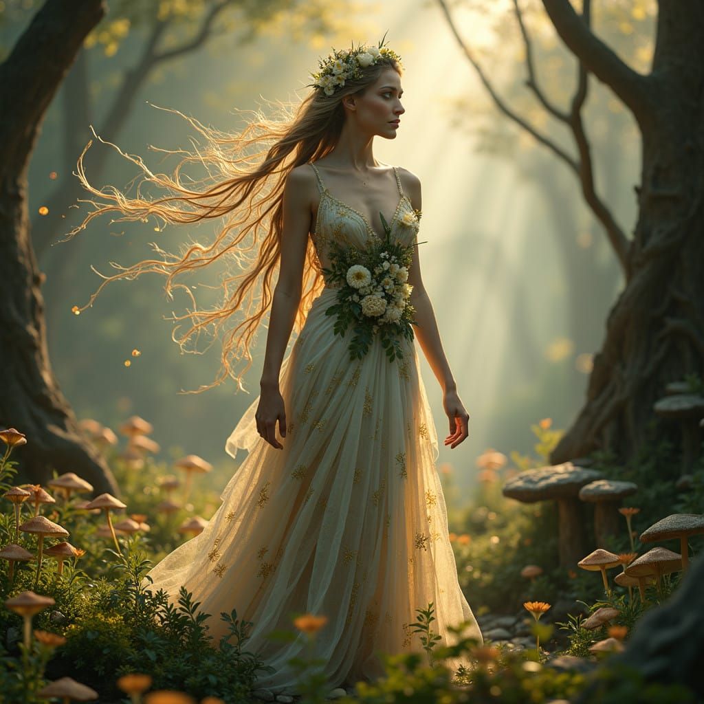 Ethereal Forest Nymph in Ancient Mythological Style