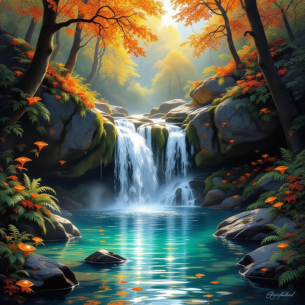 Hidden Autumn Waterfall in Secluded Grotto