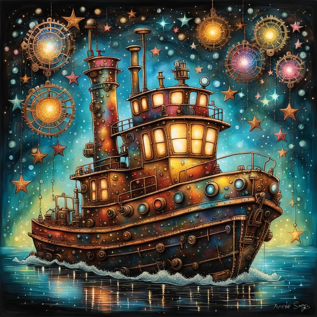Colorful Steampunk Tugboat in Surreal Scene