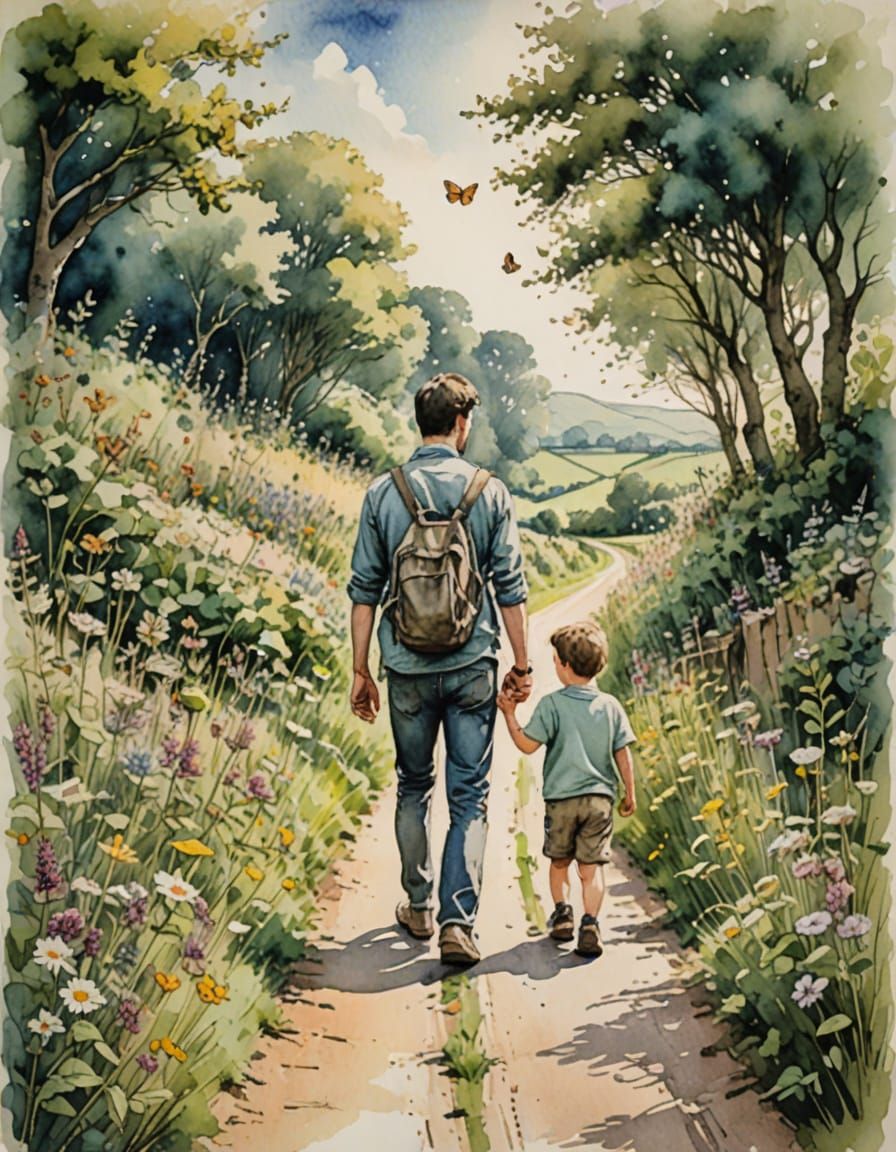 Father and Child in Ink and Watercolour