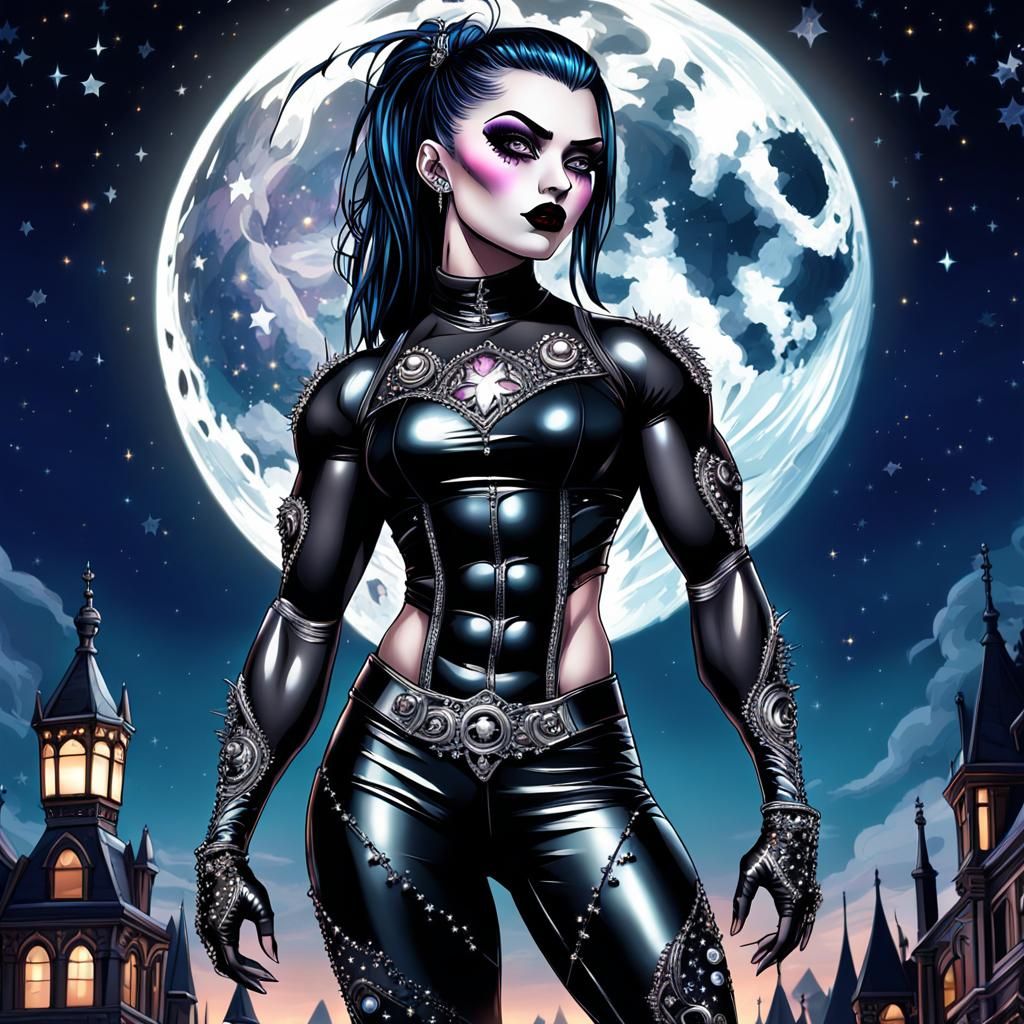 Victorian Goth Anime Woman Bodybuilder Under Moonlight