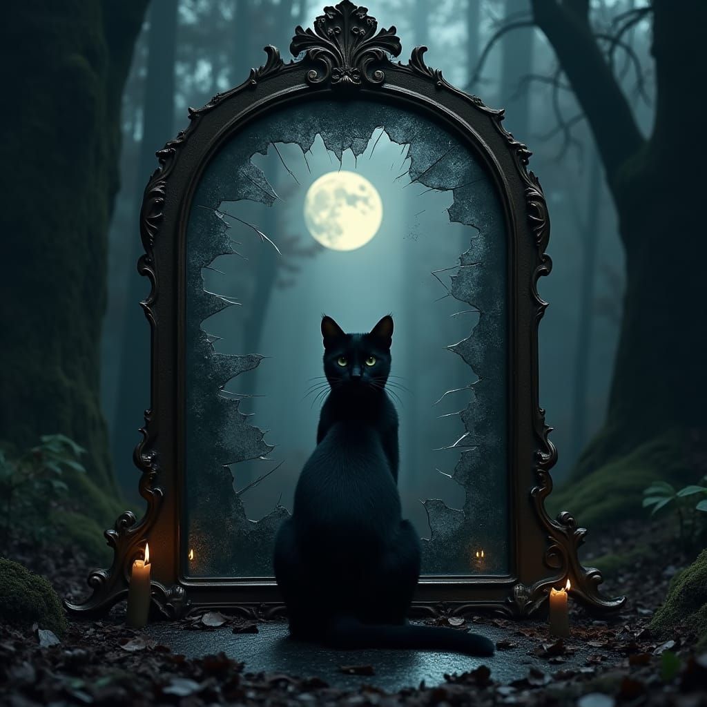 Mystical Black Cat in Shattered Mirror Forest