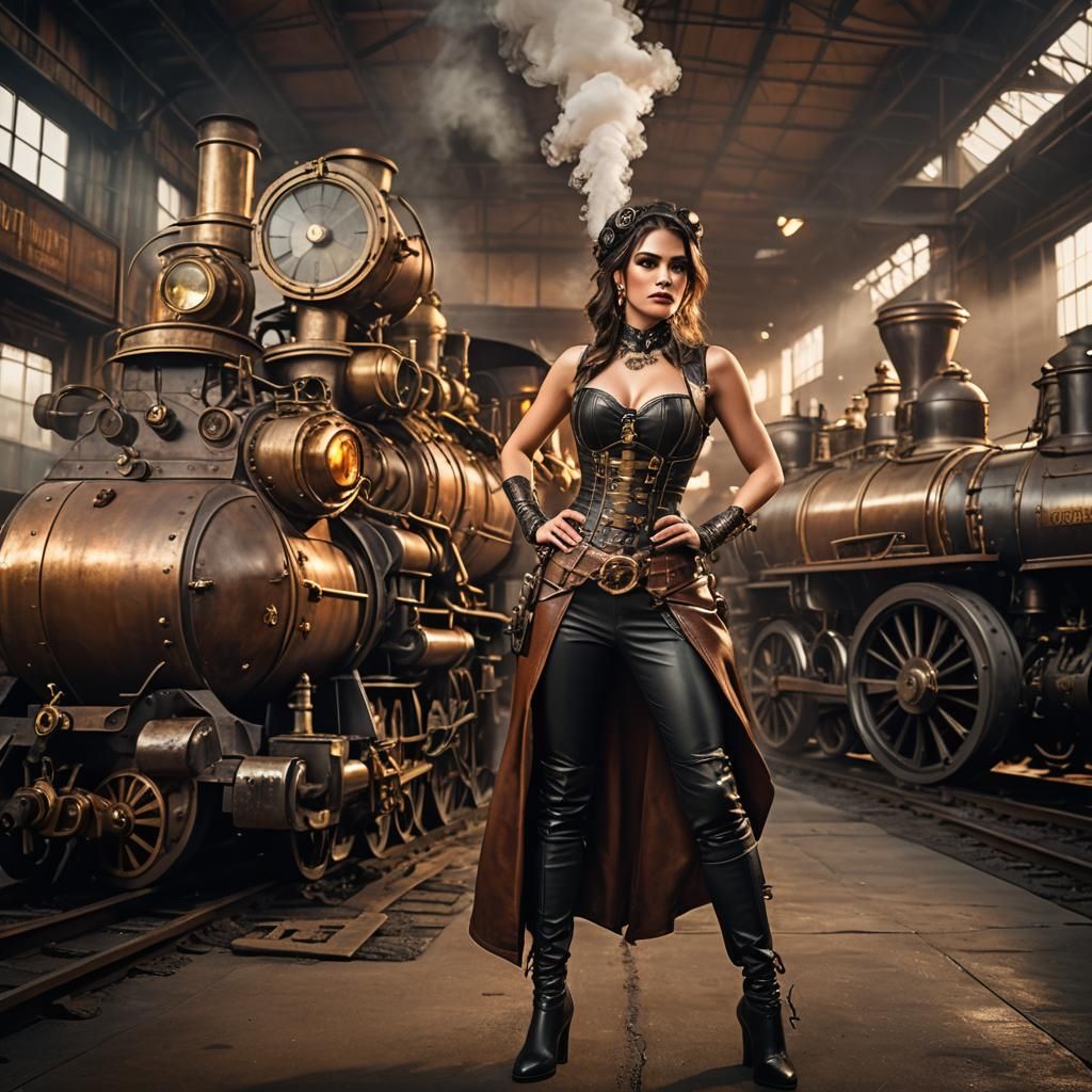 Steampunk Girl with Steam Locomotive in Depot