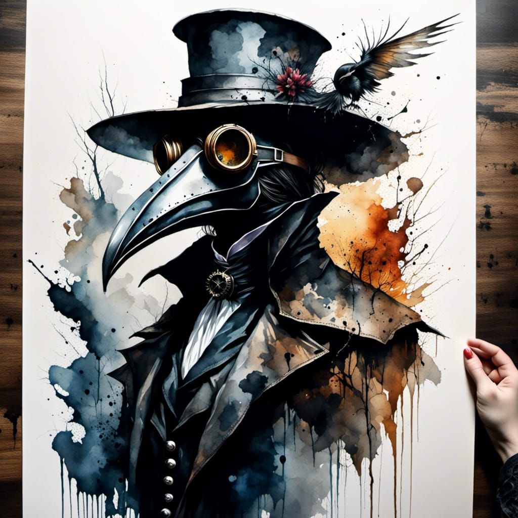 Watercolor Plague Doctor in Horror Style