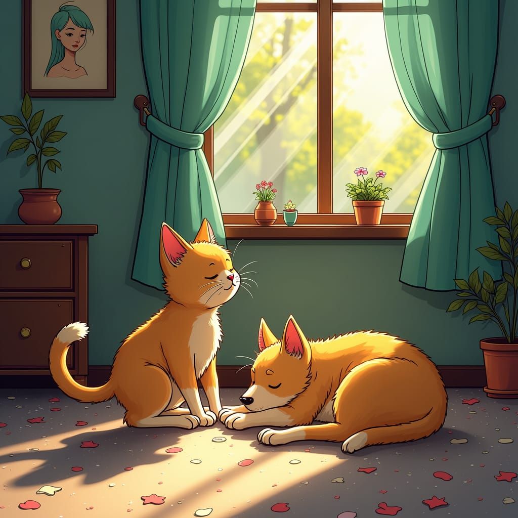 Playful Cat on Sleeping Dog, Murakami Style