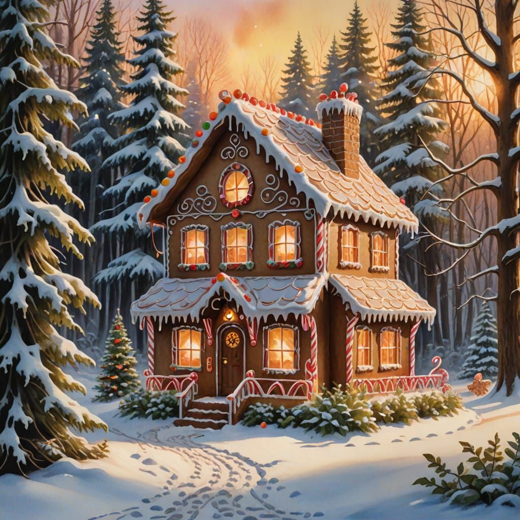 Quaint Gingerbread House in Snowy Forest: Watercolor