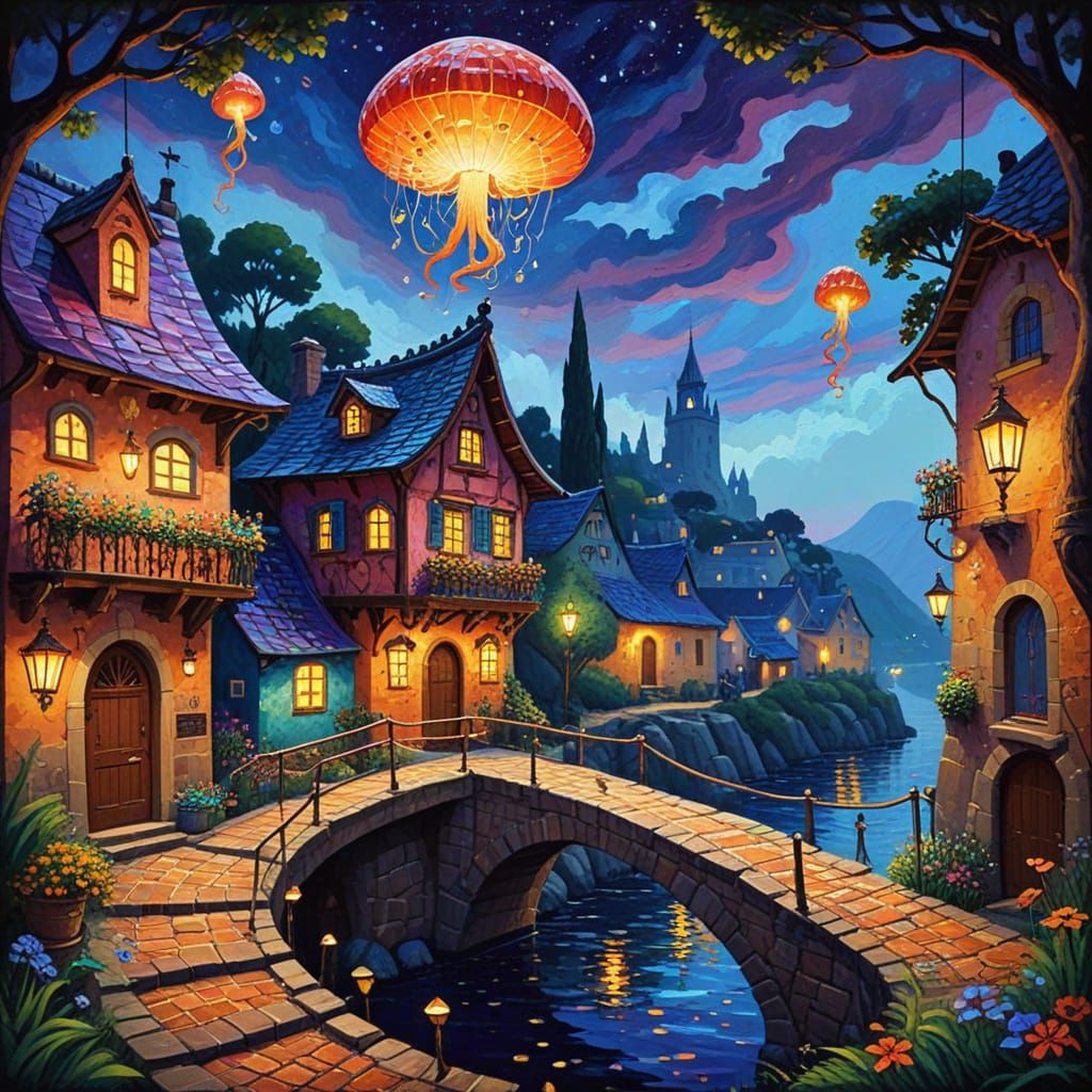 A whimsical old village with old bridge going nowhere & jell...