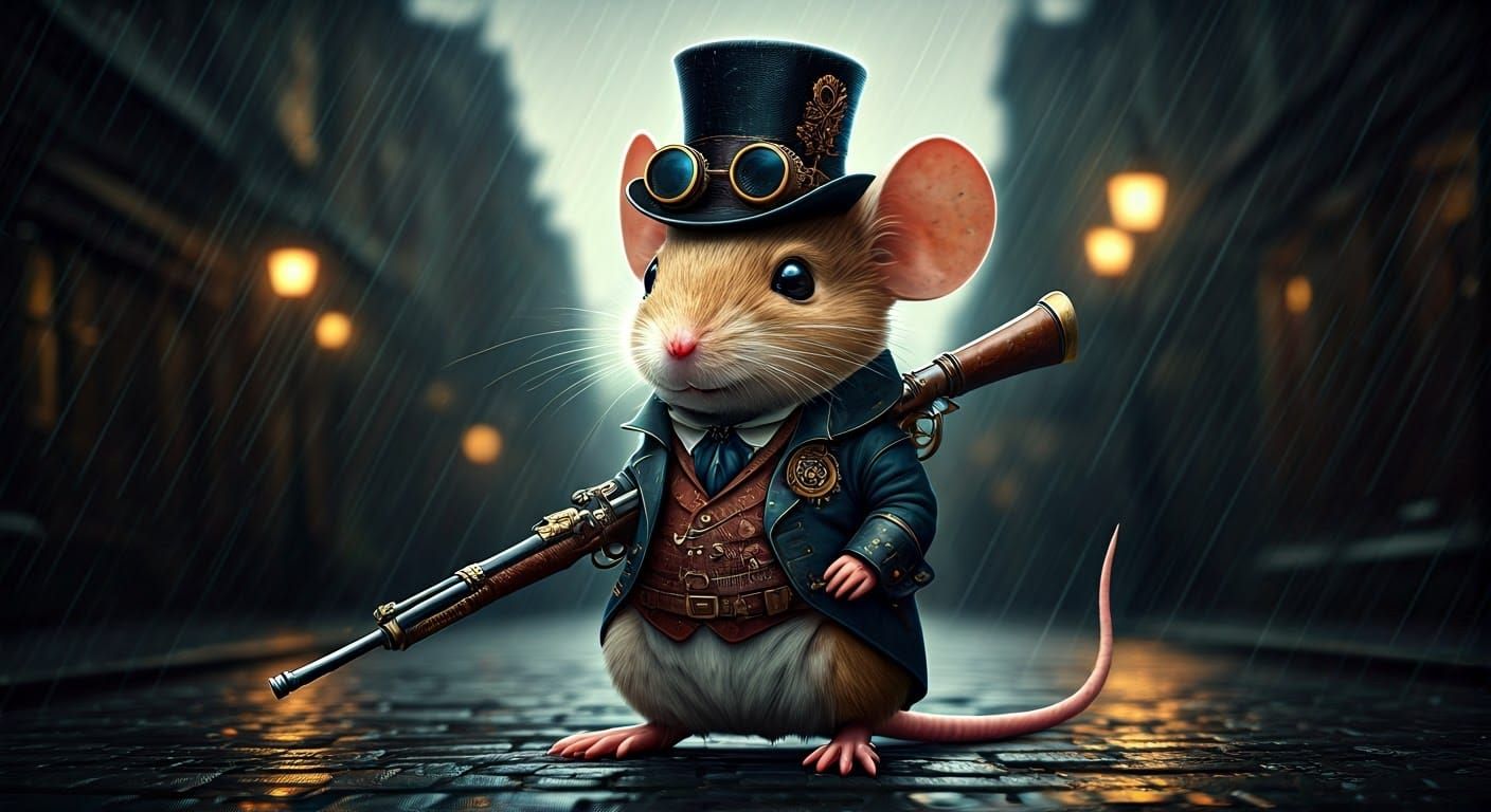 Steampunk Mouse in Victorian Street, 3D Render