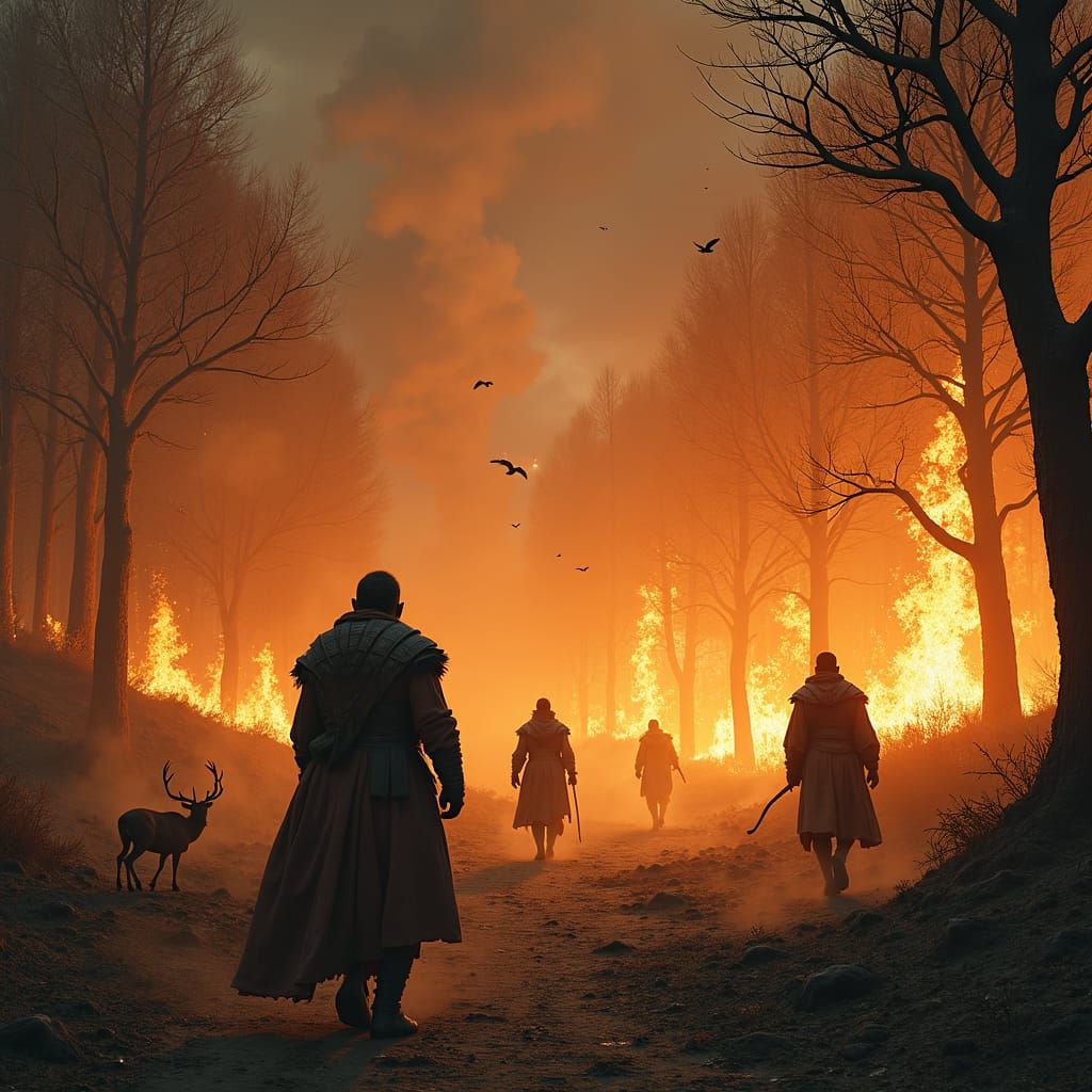 Burning Forest Scene in High Fantasy Style