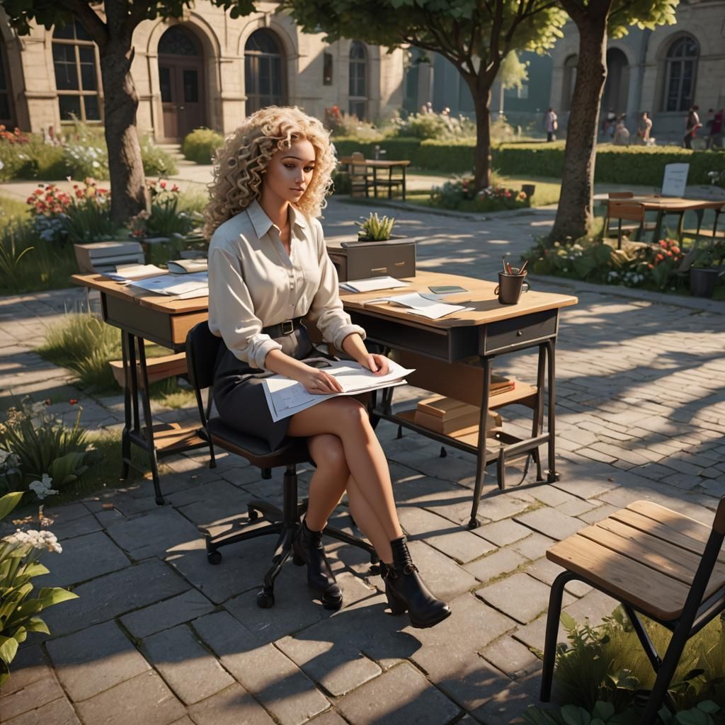Woman at Desk in Garden, 3D Rendered
