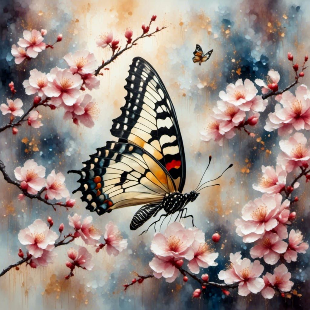 a butterfly sitting on a branch of a cherry blossom tree