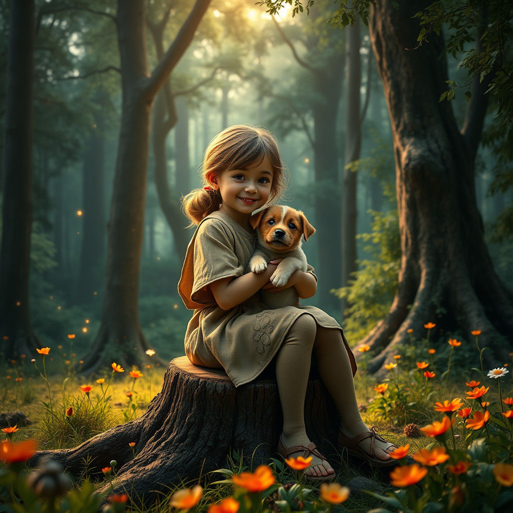 Girl with Puppy in Mystical Forest, Matte Painting
