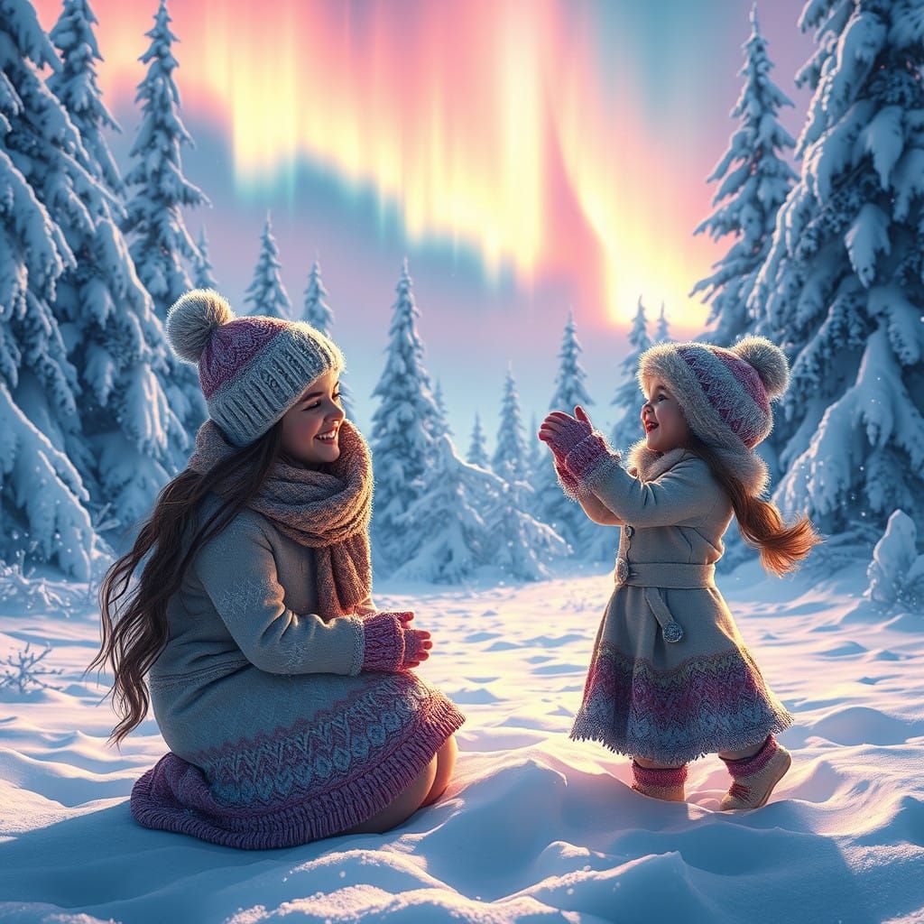 Mother and Daughter Playing in a Fantasy Winter Wonderland