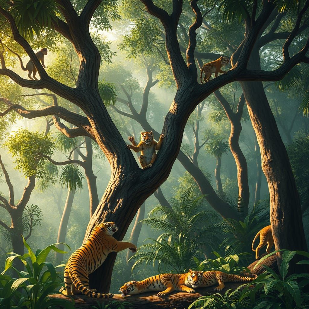 Árboles de la jungla con gorilas trepando y monos columpiánd...