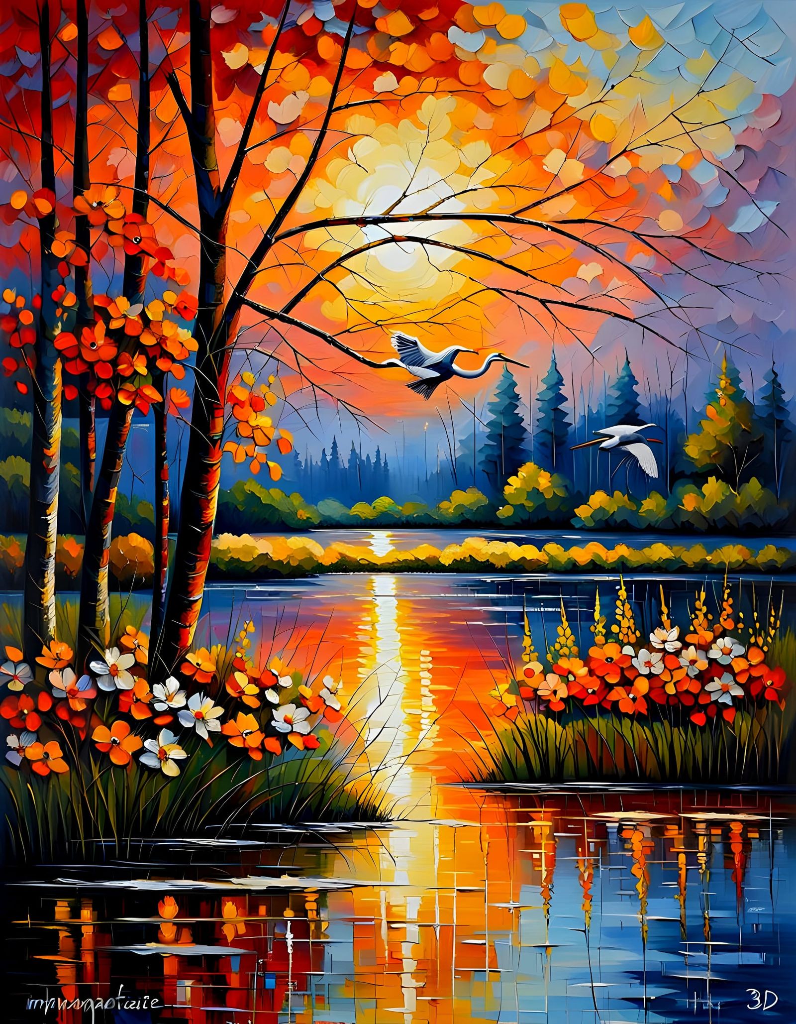 Vibrant Impasto Sunrise Scene with Reflections