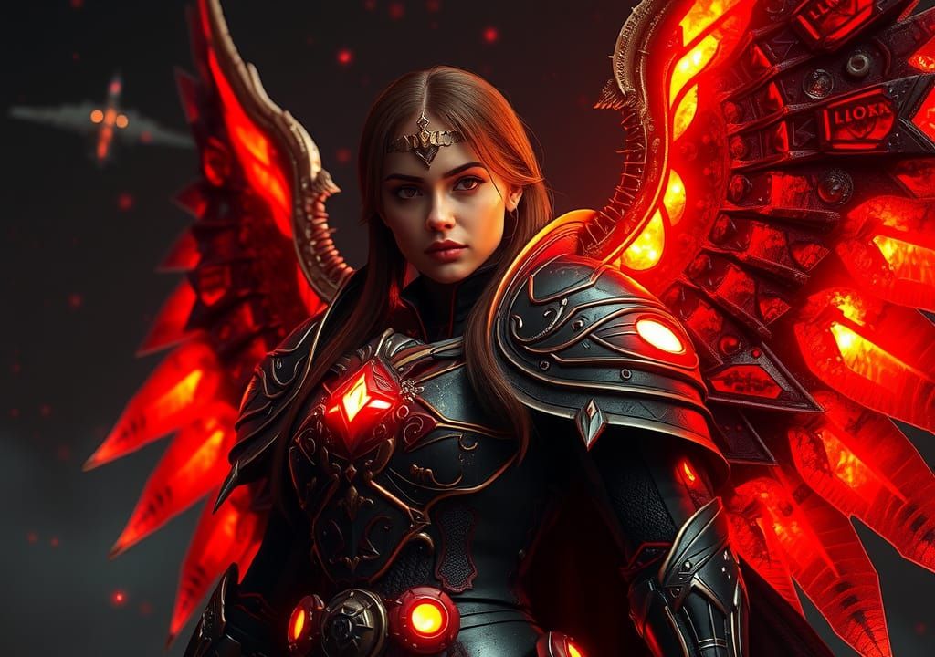 Female Paladin with Mechanical Wings in Gothic Sci-Fi