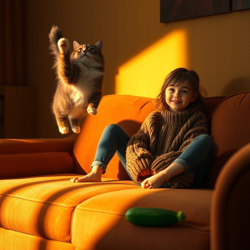 Startled Cat and Cucumber in Fantasy Scene