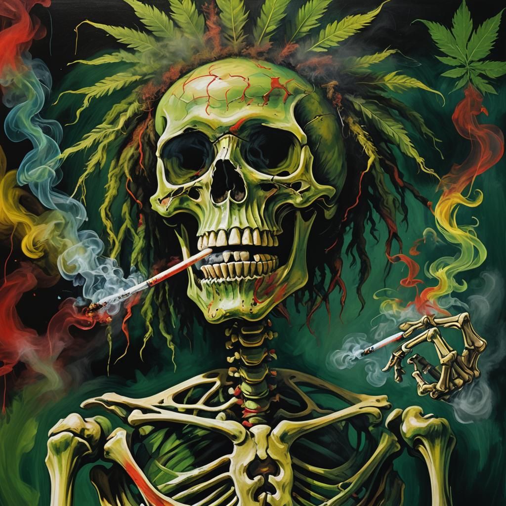 Rastaman Skeleton Smoking Blunt in Graffiti Style