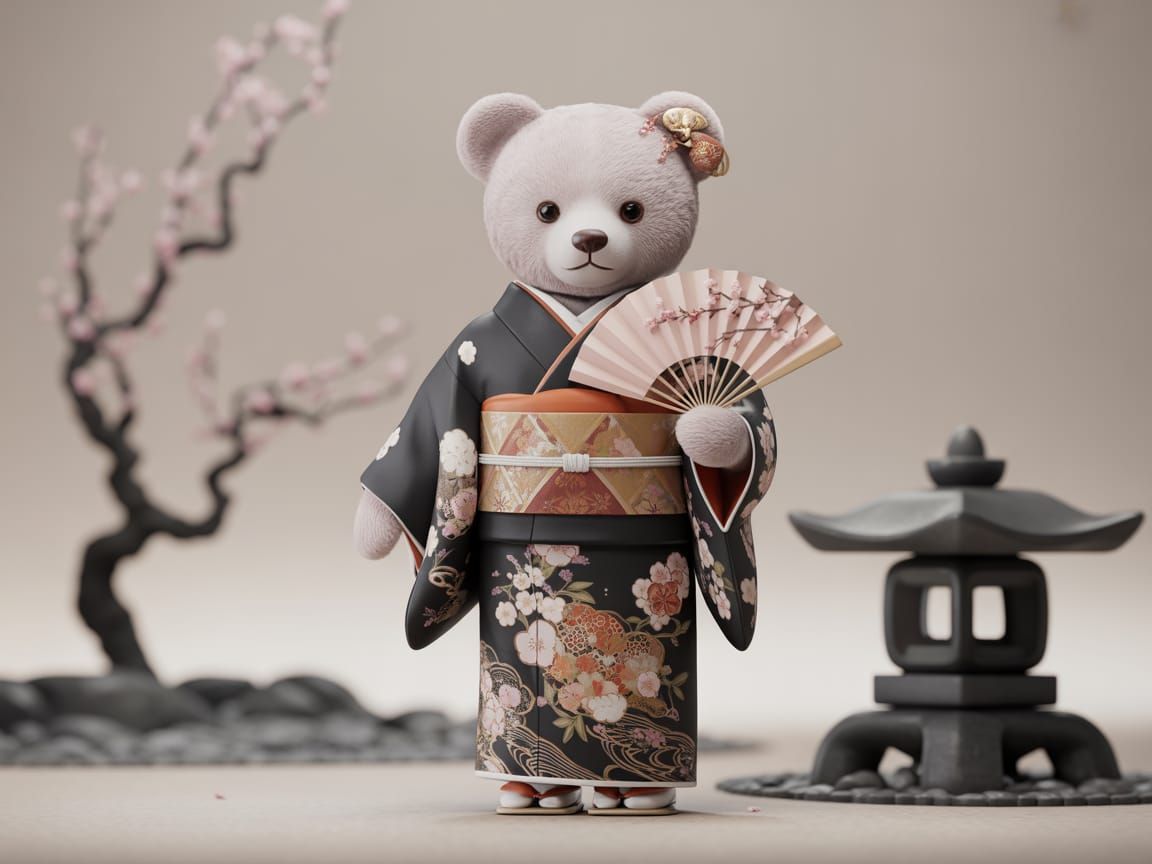Japanese Teddy Bear Geisha in Garden Digital Painting