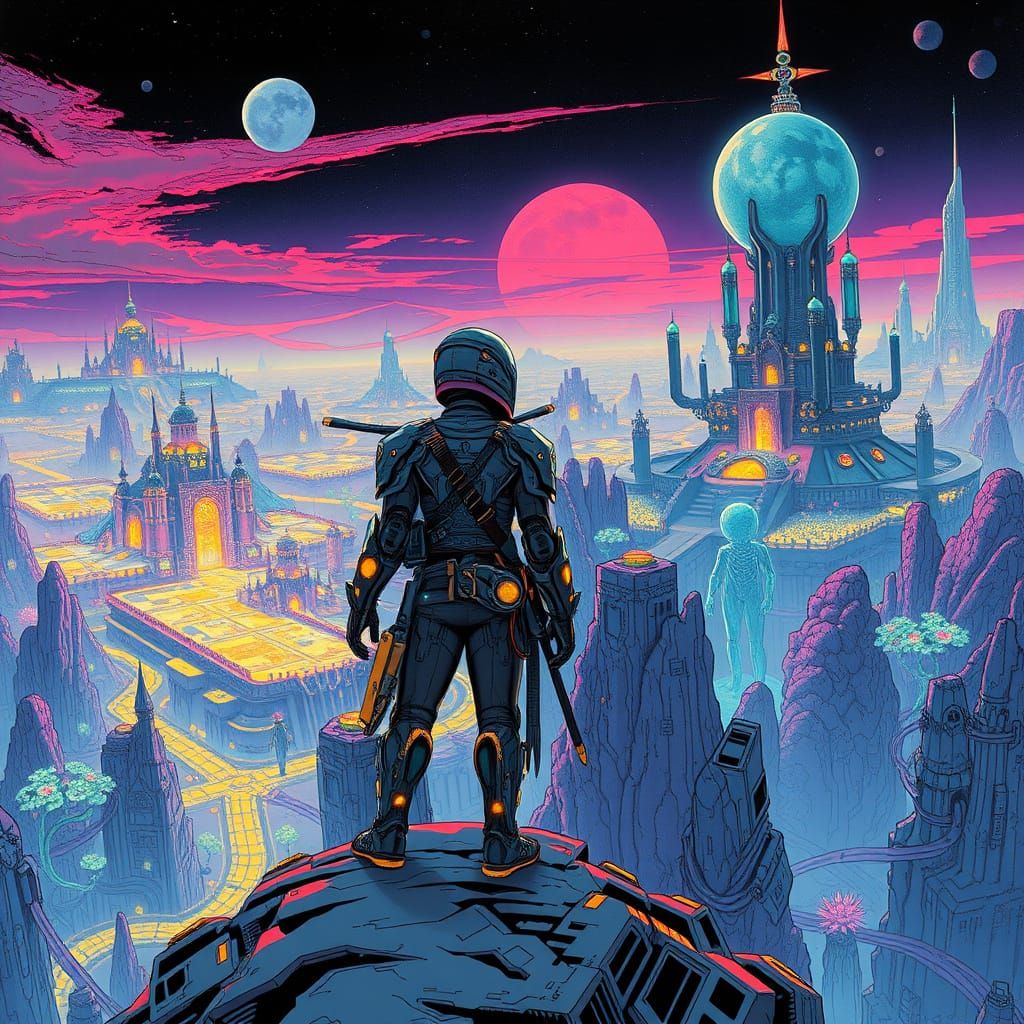 Cyborg Adventurer Overlooking Alien City